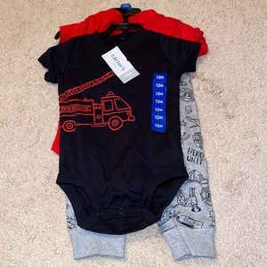 NWT carters 3 piece set bodysuits and jogger 12m firefighter